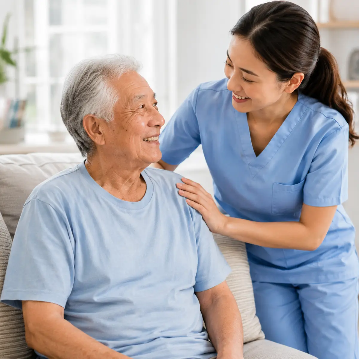 Caregiver helping an older man stay comfortable and safe at home